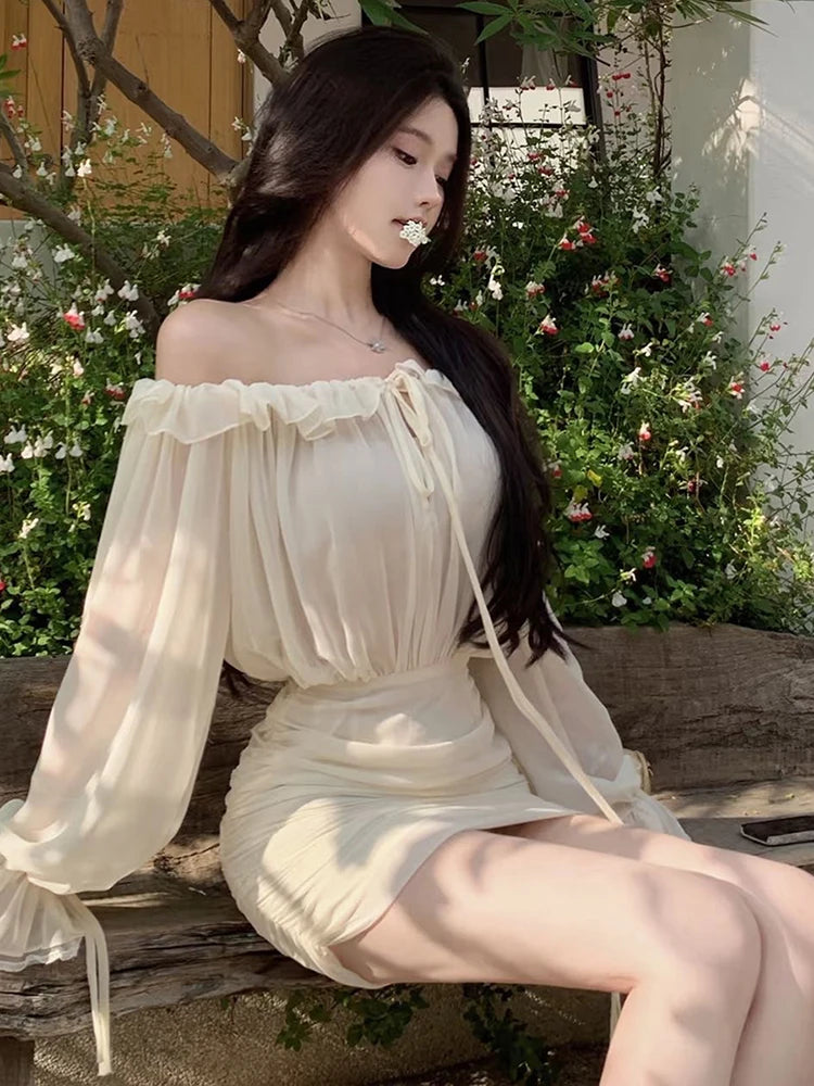 Sexy See Through Dress Women Slash Neck Drawstring Butterfly Sleeve Ruffles Ruched Skinny Peach Hip Clubwear Bodycon