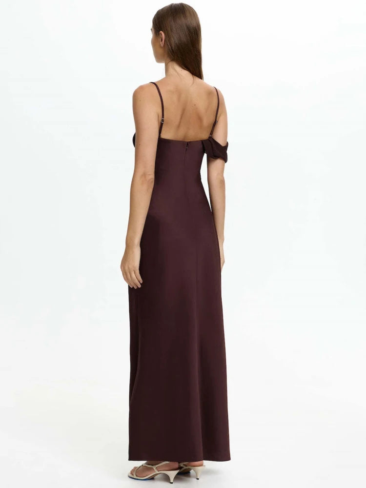 Women Satin Maxi Dress Elegant Spaghetti Strap Evening Party Gown Elegant Draped Formal Wedding Guest Long Dress