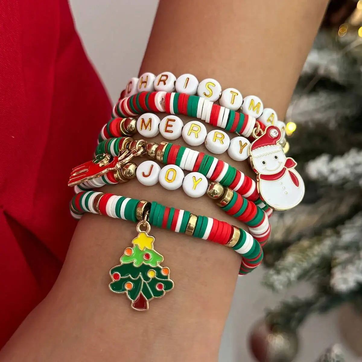 6 Pcs Y2K Snowman Deer Christmas Tree Pendant Polymer Clay Bracelet Women New Year Bangles Xmas Party Jewelry Gifts