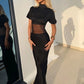 Turtleneck Short Sleeve Sexy Maxi Dress Women Gown Elegant Patchwork Mesh Sheer Backless Bodycon Club Party Long Dress