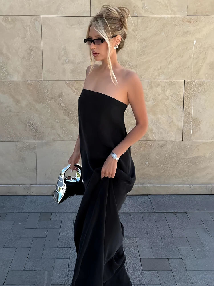 Metal Buckle Patchwork Dress Women Fashion Classic Backless Sleeveless Elegant Chic Banquet Party Street Maxi Bodycon