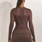 Lace See Through Ruched Sexy Mini Dress Women Elegant Fashion Sheer O Neck High Waist Long Sleeve Club Party Dresses