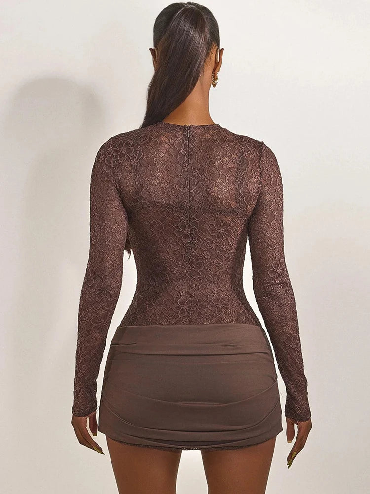 Lace See Through Ruched Sexy Mini Dress Women Elegant Fashion Sheer O Neck High Waist Long Sleeve Club Party Dresses