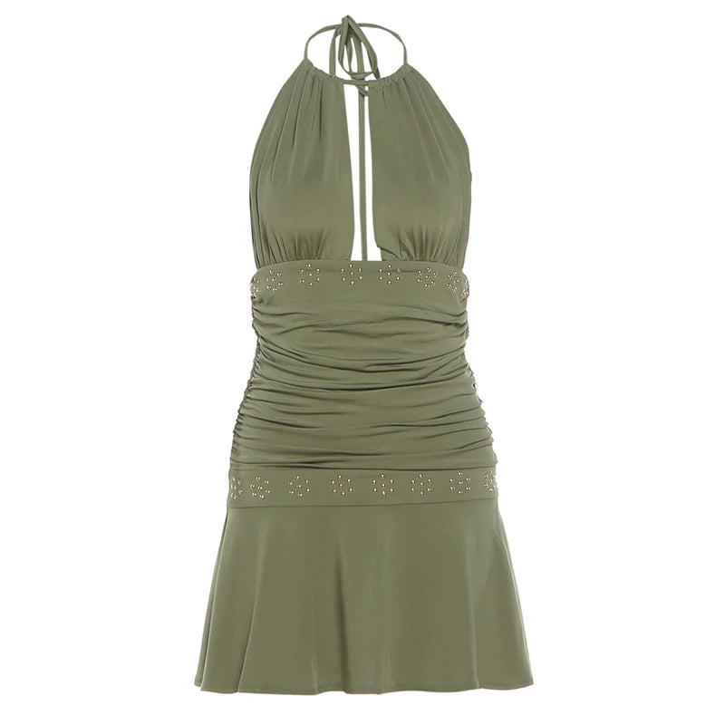 Sexy Backless Dress Women Hottie Halter Bandages Ruched Rivets Patchwork Sleeveless Trend Chic Party Street Bodycon