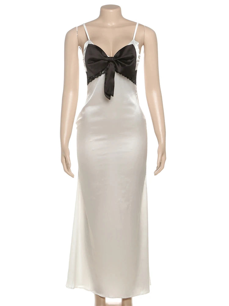 Sexy Bow Jacquard Dress Women Simple Sleeveless V-Neck Midnight Banquet Party Vacation Hipster Stretch Long Bodycon