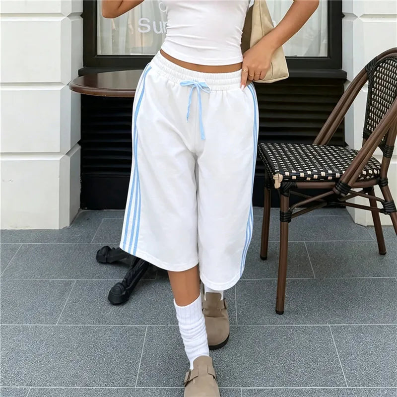 Women Side Striped Capri Sweatpants Elastic Drawstring Waist Loose Fit Casual Cropped Jogger Pants Street Daily Wear