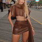 Irregular PU Leather Skirt Two Piece Set Women Sleeveless Short Top And Mini Skirt Matching Sets Elegant Sexy Dress Set