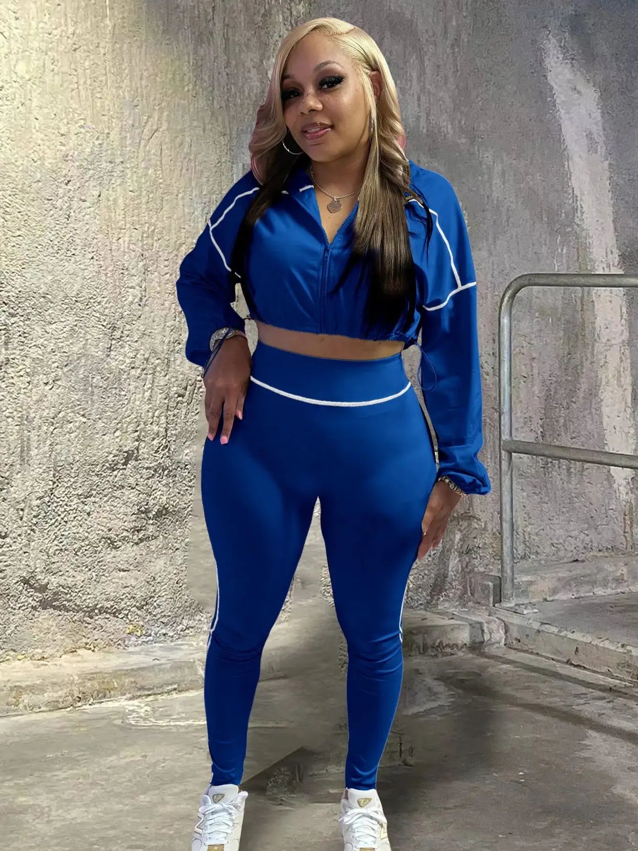 Patchwork 2 Piece Set Women Tracksuit Zip Shirring Hem Crop Jacket+Elastic Leggings Casual Daily Street Sporty Suits