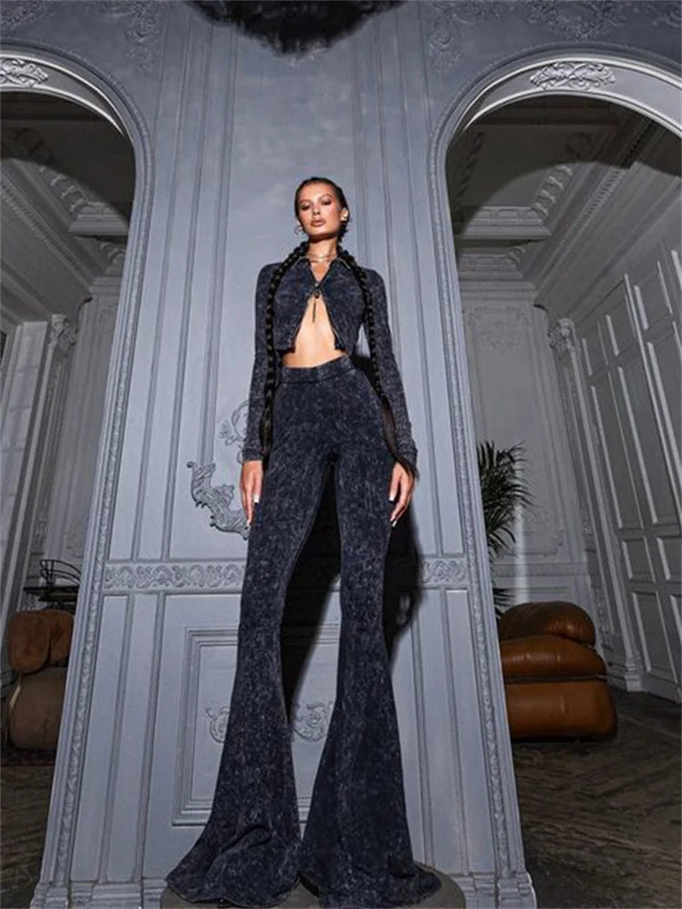 Sexy Fashion 2 Piece Set Women Zip Cardigan Crop Tops+Skinny Straight Flared Pants Hot Girls Street Hipster Outfits