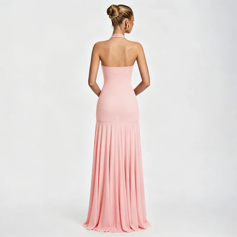 Elegant Deep Plunge Halter Backless Maxi Dresses 2026 Woman Wedding Guest Party Dress Pink