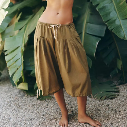 Women Loose Boho Capri Harem Pants Elastic Waistband Drawstring Pleated Adjustable Hem Tie Casual Summer Beach Culottes