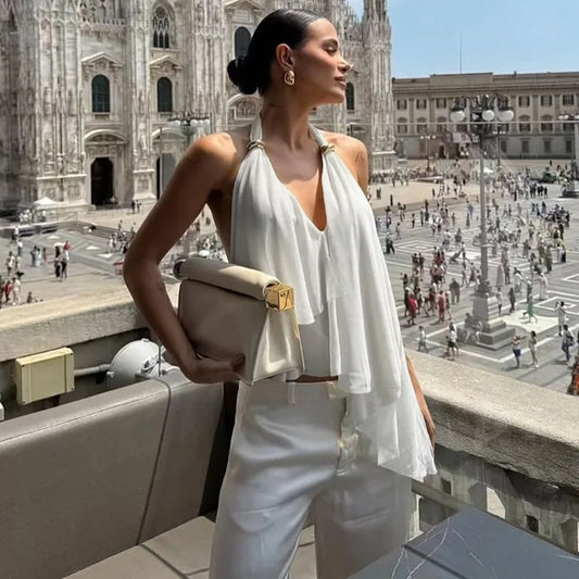 Mesh Sheer Asymmetrical Backless Halter Tops Fashion 2026 Summer Clothing Woman Sexy Tank Top