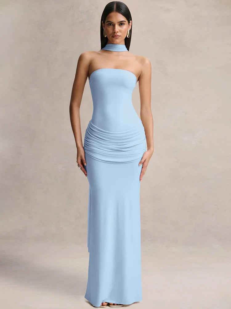 Women Strapless Mermaid Sexy Maxi Dress Detachable Choker Neck Tie Ruched Waist Bodycon Long Evening Party Dress