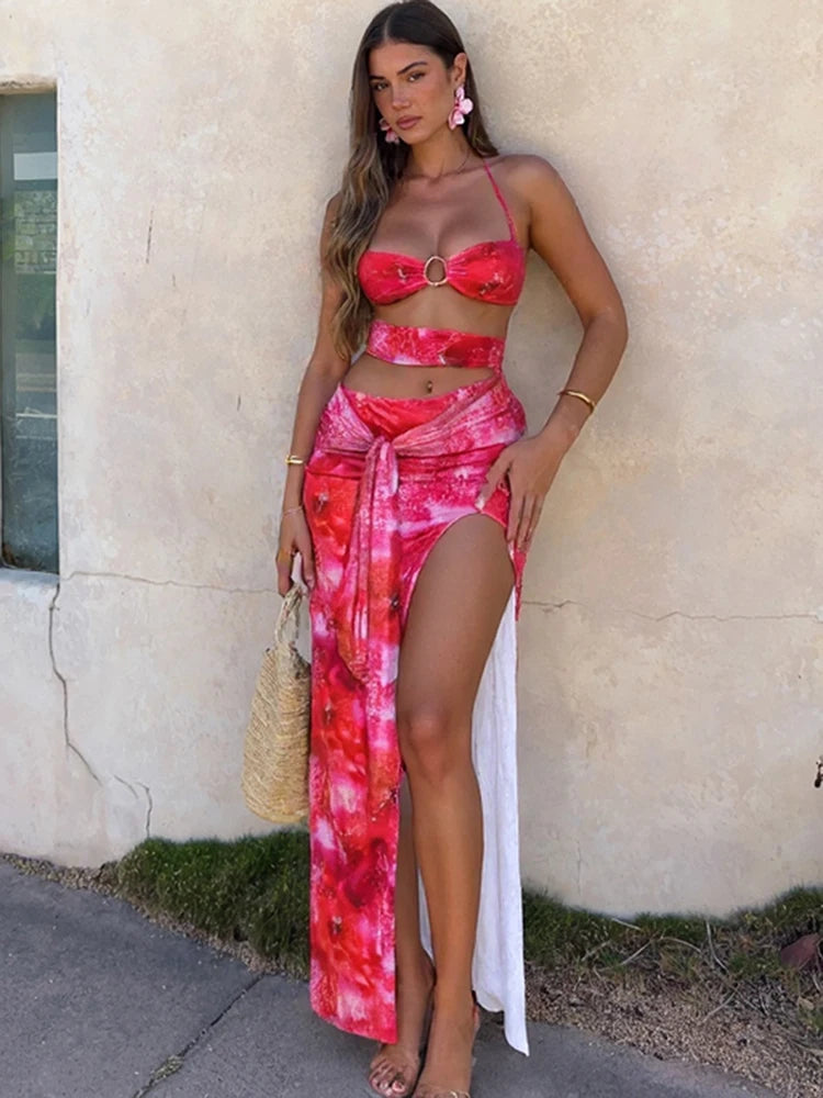 Sexy Halter Dress Women 2025 Summer Strapless Metal Knot Hollow Slits Beach Party Backless Irregular Ribbon Bodycon