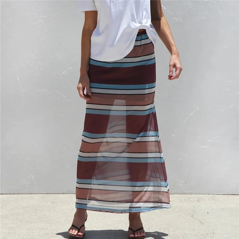 Y2K Casual Womens Striped See Through Mesh Long Skirt Elastic Waist Flared Hem Sheer Maxi Skirt Street Vacation Outfit