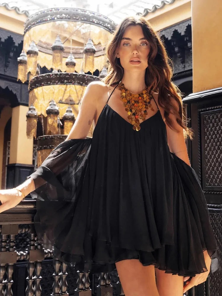 Flare Sleeve Loose Backless Mini Dresses Sexy Mesh Sheer Birthday Dress Woman Fall 2025