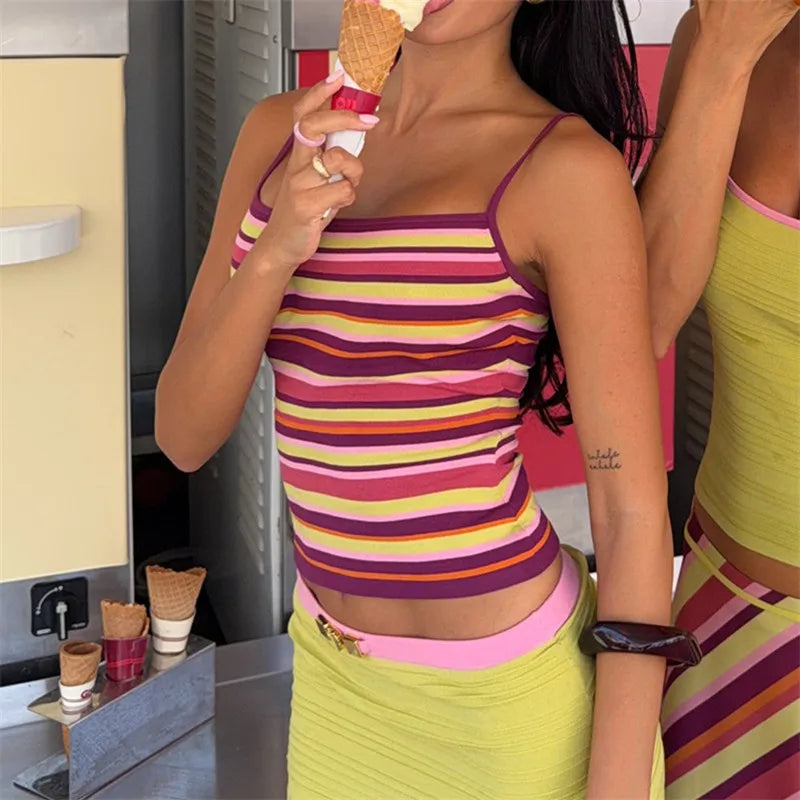 Women Colorful Stripe Cami Top Square Neck Spaghetti Strap Slim Y2K Cropped Tank Top Summer Beach Sleeveless Camisole