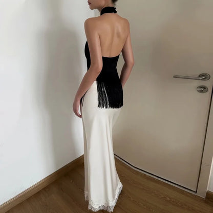 Scarf Top with Crossover Halter Neck and Cascading Fringe Trim Sexy Party Tops Fall Fashion 2026