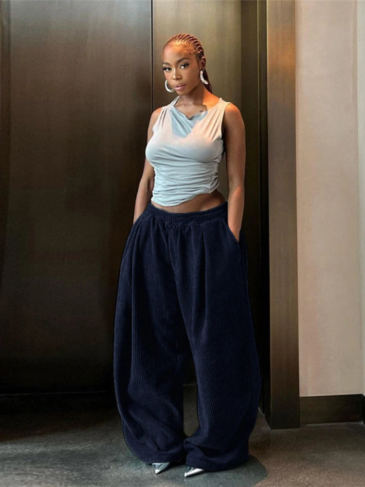 Corduroy Street Wear Pants Elastic High Waisted Wide Leg Trousers Womens Clothing Baggy Winter Sweatpants