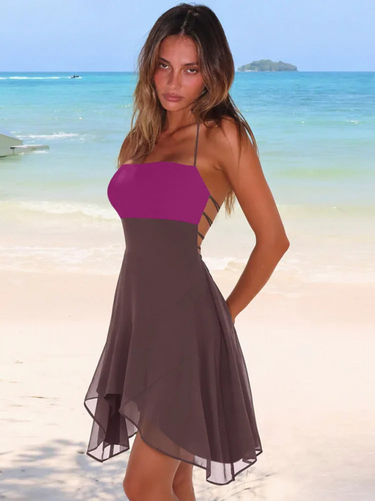 Women Halter Neck Color Sexy Mini Dress Sleeveless Irregular Ruffle Short Dress Beach Vacation Club Party Dresses
