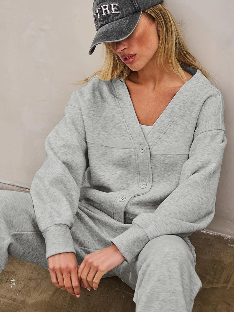 Casual Tracksuits 2Piece Set V-Neck Single Breasted Jacket+Drawstring Pants Matching Simple Streetwear Sporty Outfits