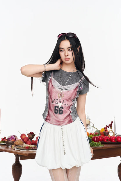 Fake Two-Piece Crop Top, Retro FERAL 66 Print Lace Bow Tee, Slim Short Sleeve T-shirt for Women