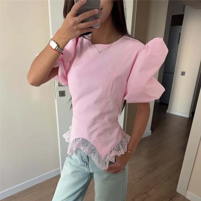 Y2K Cute Puff Bubble Short Sleeve Crop Top Women Back Drawstring Ruched Waist Irregular Lace Trim Hem Slim Fitted Blouse