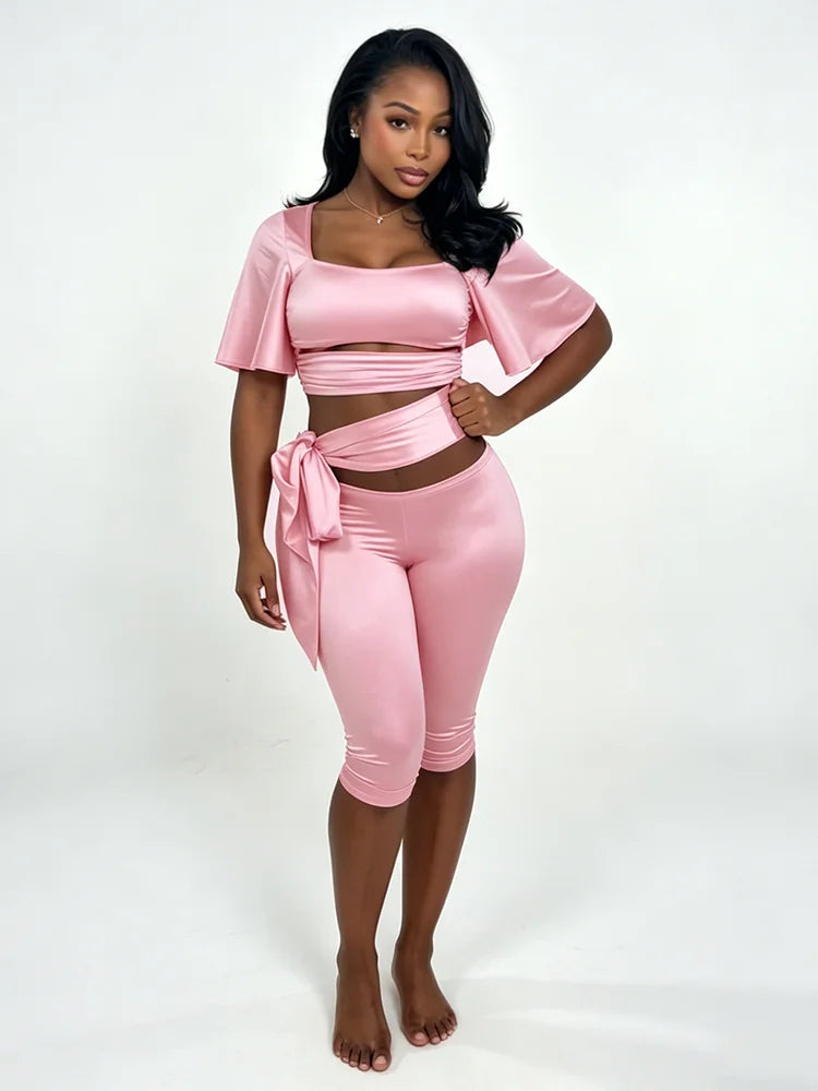 Fashion 3-Piece Set Women Solid Square Collar Flare Sleeve t-Shirt+Simple Belt+Elastic Waist Classic Short Slim Suit