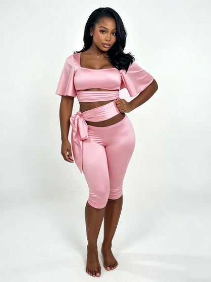 Fashion 3-Piece Set Women Solid Square Collar Flare Sleeve t-Shirt+Simple Belt+Elastic Waist Classic Short Slim Suit