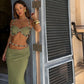 2 Piece Set Beaded Halter Top and Long Skirt Green Sexy Vacation Outfits Women Matching Sets Summer 2026