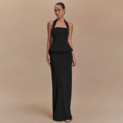 Backless Sexy 2 Piece Sets Women Solid Square Collar Halter Tops And Long Skirt Female Slim Fit Club Two Piece Sets