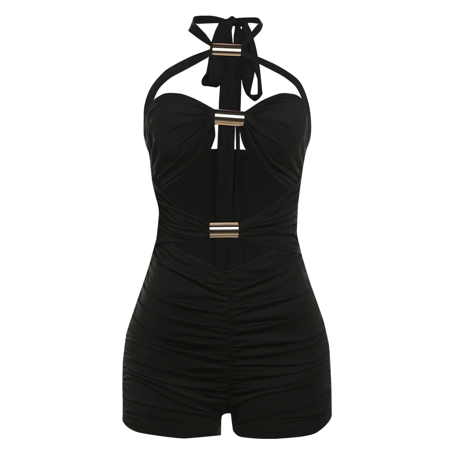 Ruched Romper Women Chic Metal Buckle Hollow Backless Halter Sleeveless Hipster Stretch Luxury Slim Playsuit Clubwear