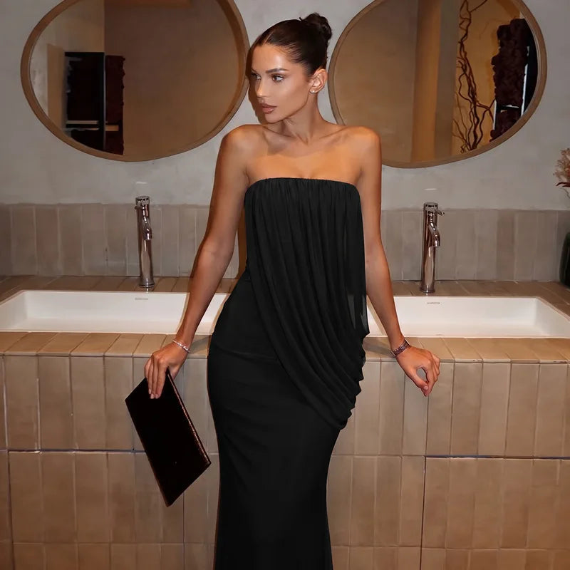 Strapless Maxi Dress with Ruched Asymmetric Draped Mesh Evening Party Dresses for Ladies Elegant