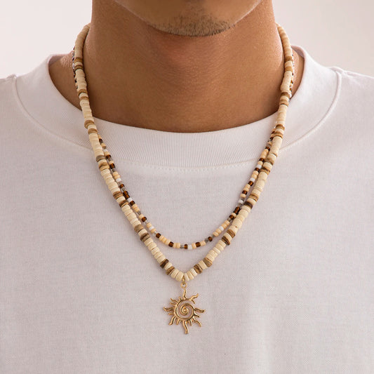 2Pcs/Set Boho Seed Beads Wooden Chain Necklace for Men Collar Goth Sunflower Pendant Choker Aesthetic Y2K Jewelry Gift
