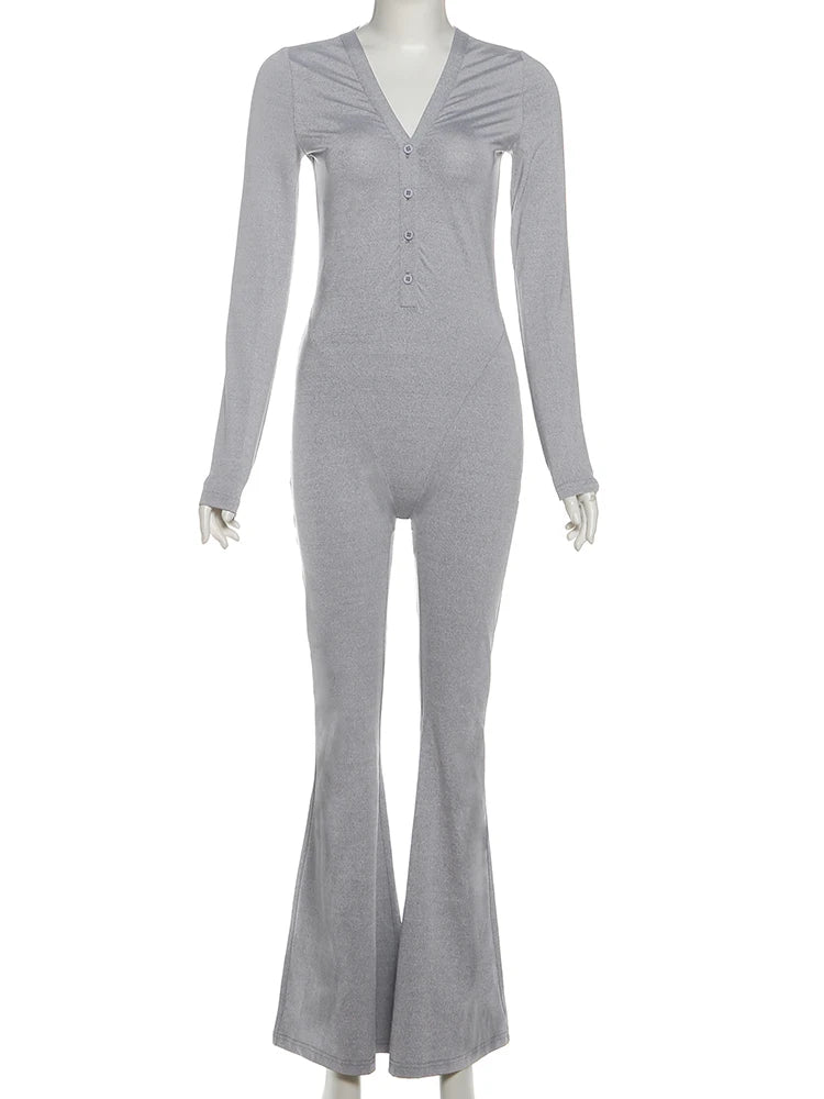 Sexy Flare Jumpsuit Women Long Sleeve V-Neck Single-Breasted Solid Sporty Commute Stretchy Skinny Elegant Overalls