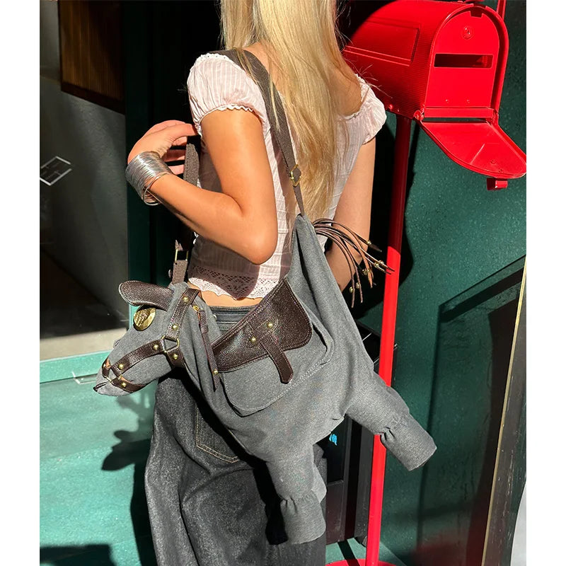 2025 Autumn New Arrival Sweet Edgy Pony Shape Creative Horse Design Denim Crossbody Bag For Woman