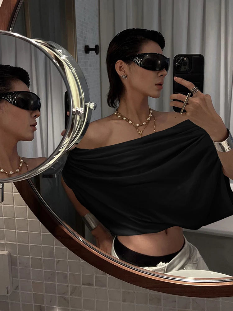 One Shoulder Crop Tops Women Folds Skinny Loose Summer Korean Style Simple Classic Casual Street Daily Harajuku Tops