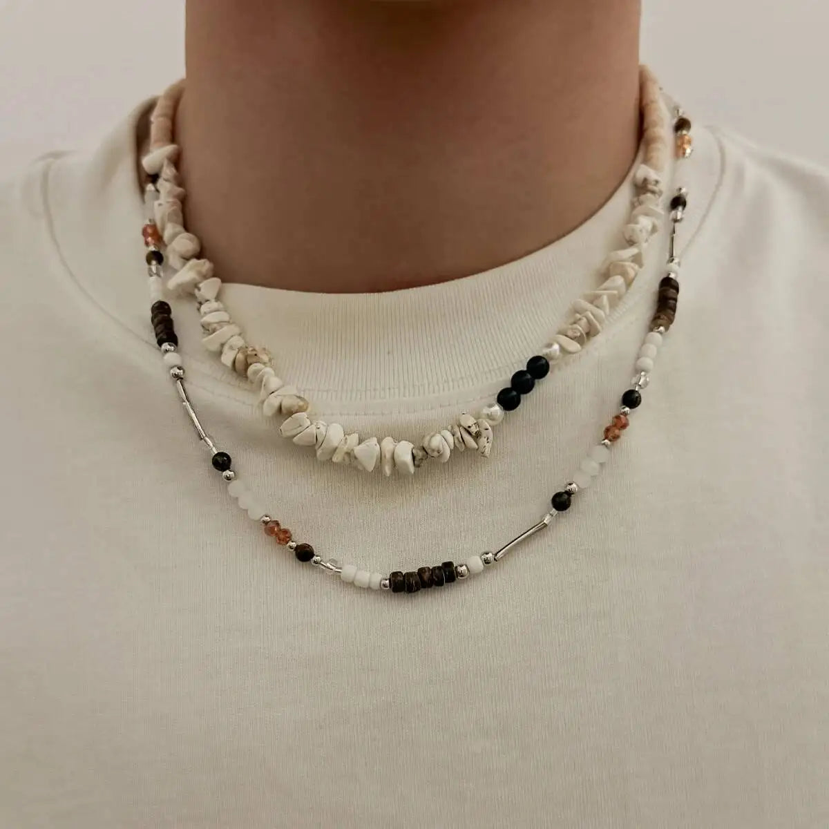 2pcs New Trendy Natural Stone Chain Necklace Set for Men Hip Hop Double Layer Wooden Beaded Choker Jewelry on the Neck