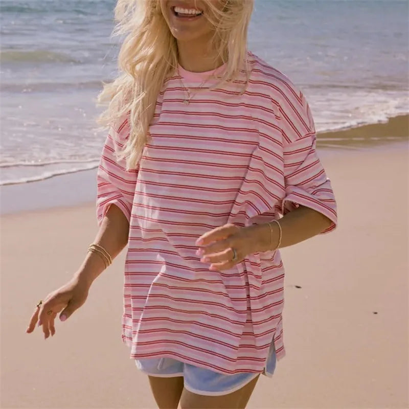 Y2K Pink Striped Oversized T Shirt Casual Loose Half Sleeve Crew Neck Tee Grunge Aesthetic Streetwear Summer Top