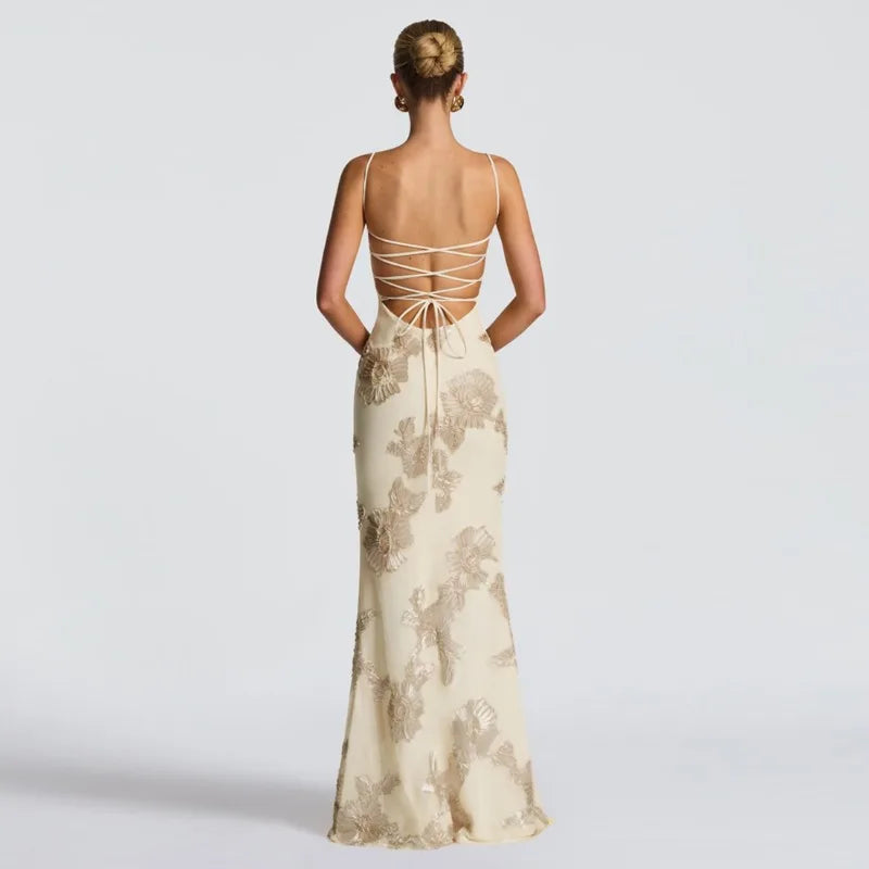 Flower-applique Lace-up Backless Maxi Dress Sexy Black Party Dresses Woman 2025 Elegant Evening Gown