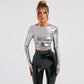 Metallic Sexy Fitted T Shirt for Women Long Sleeve Crop Tops Y2k Clothes 2000s Street Fashion Cool Tees