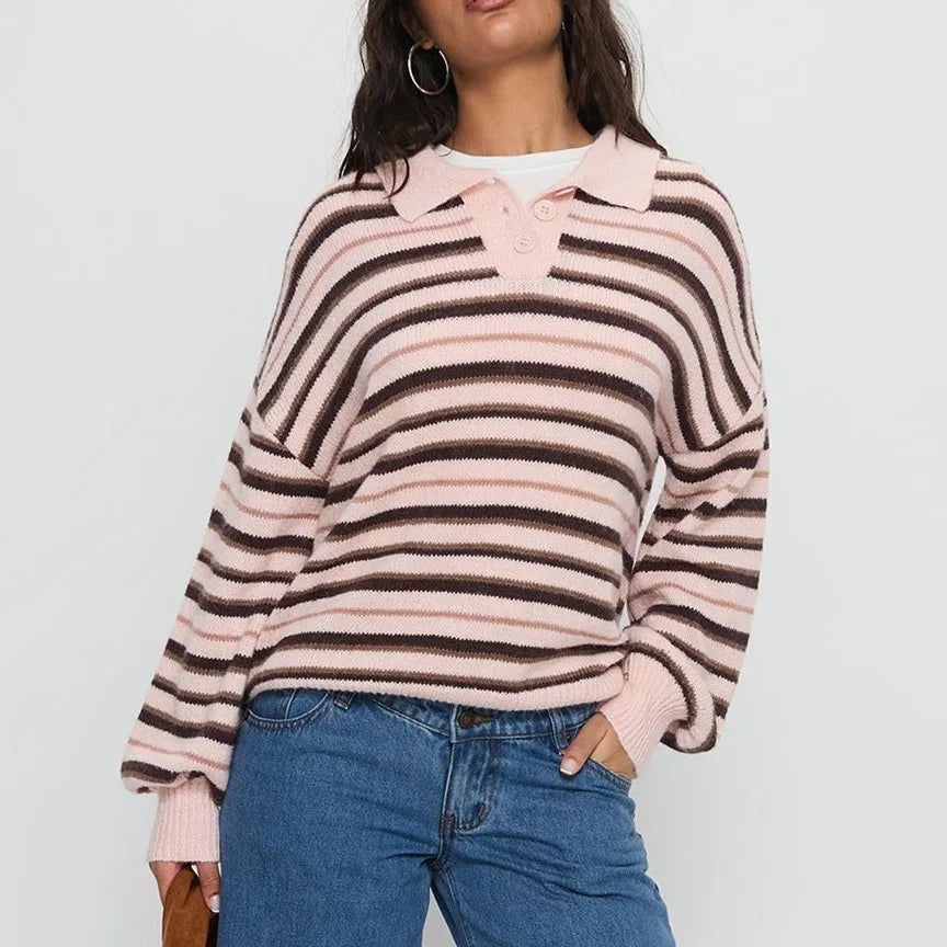 Women Y2K Striped Sweater Long Sleeve Color Block Lapel V Neck Knit Jumper Tops Winter Warm Oversized Sweater