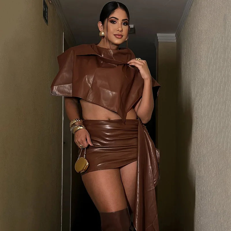 Brown Asymmetrical 2 Piece Pu Leather Skirt Set Woman Fashion Sexy Club Outfits Matching Sets