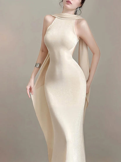 Elegant Basic 2 Piece Set Women Autumn Backless Bandages Skinny Sleeveless Dress+Shawl Birthday Party Fashion Suit