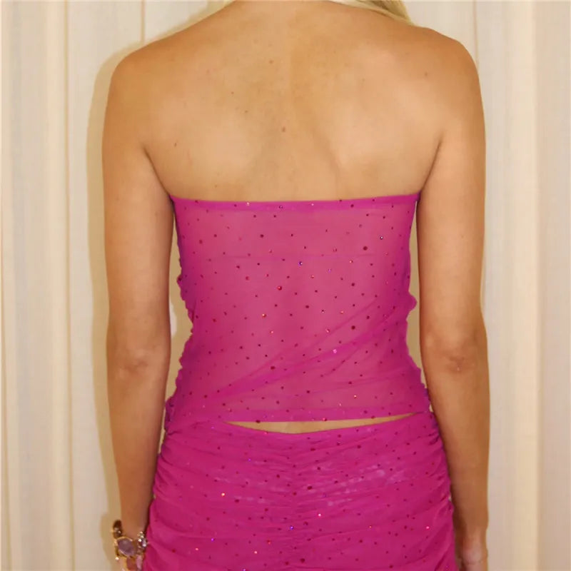 Women Rhinestones Tube Tops Shimmer Twist Cutout Ruched Off-Shoulder Bandeau Backless Shirts Summer Y2K Streetwear