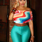 Party 2-Piece Set Women Colorful Print Folds Slash Neck Tank Tops+Simple Solid Shorts Street Summer Sexy Fashion Suits