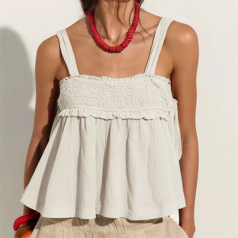 Boho Smocked Ruffle Crop Cami Solid Color Adjustable Tie Back Spaghetti Strap Loose Summer Beach Vacation Tank Top