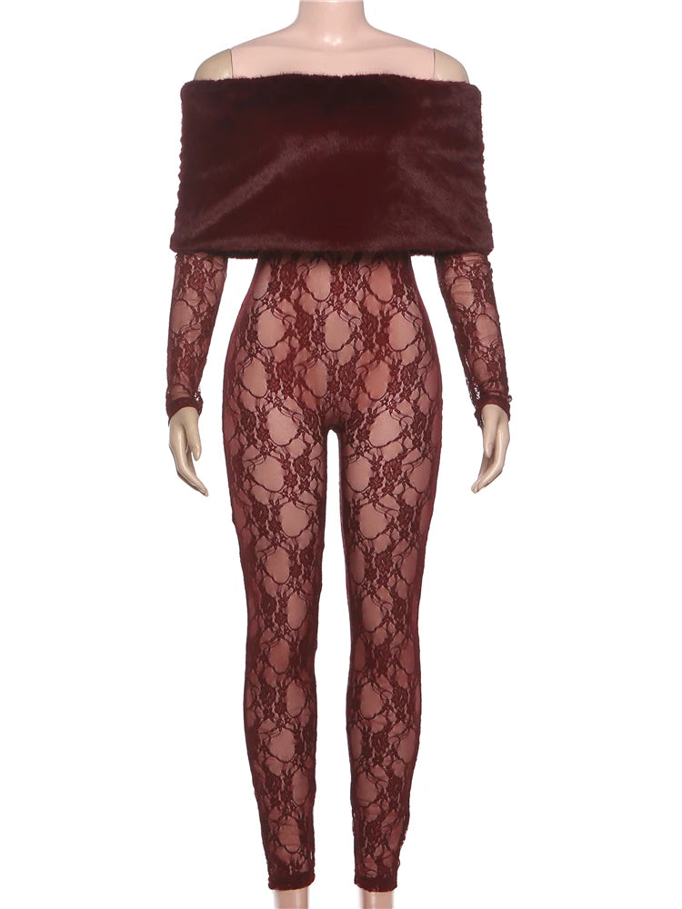 Patchwork Faux Fur Collar Jumpsuits Women See Through Skinny Sexy Midnight Coquett Fashion Street Wild Classic Outfit