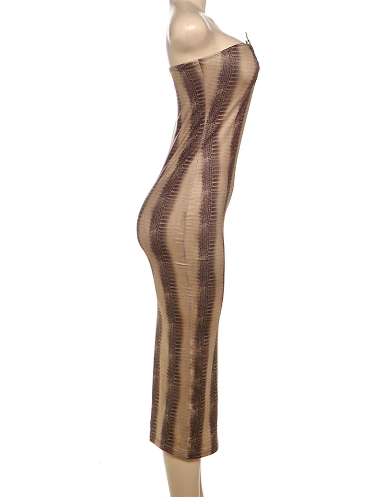 Gradient Strapless Dress Women Metal Rings Low-Neck Backless Skinny Peach Hip Midnight Club Party Trend Long Bodycon