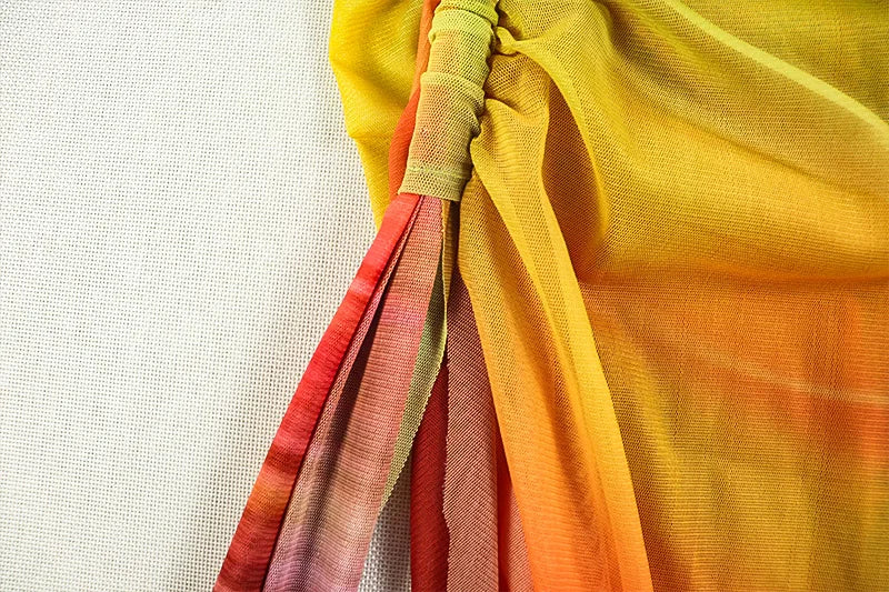 Irregular Sexy Dress Women See Through Gradient Print Skew Collar Split Shirring Ribbon Ruched Birthday Club Vestidos